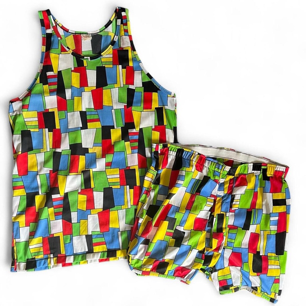 60s Vintage Men's Pajamas, Colorful Rare Print Sleep Set XL